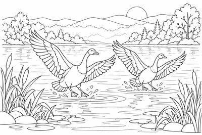 Geese on a misty lake coloring page