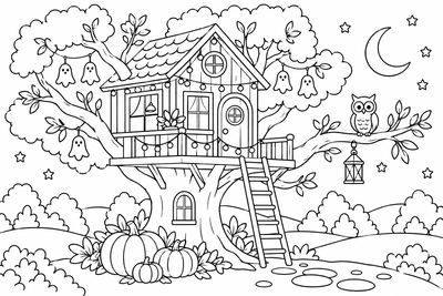 Ghosts in the treehouse coloring page