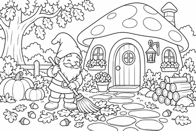 Gnome's mushroom house in autumn coloring page