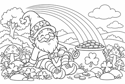 Gnome with a pot of gold coloring page