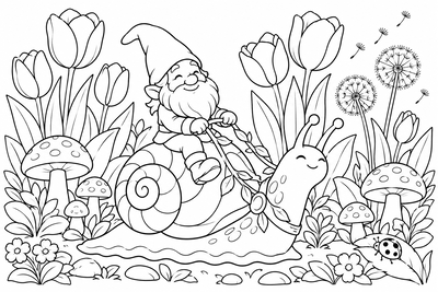 Gnome riding a snail coloring page