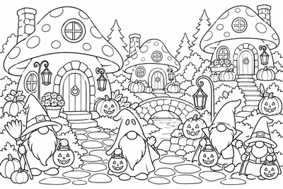 Gnome village Halloween coloring page