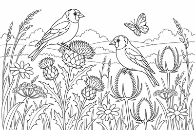 Goldfinches on thistles coloring page