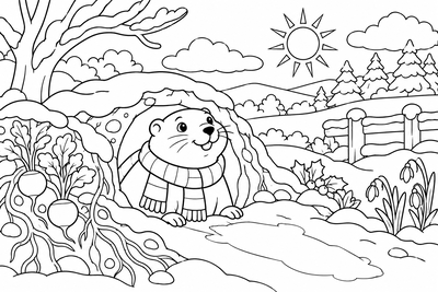 Groundhog peeking from its burrow coloring page