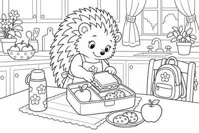 Hedgehog packing a lunchbox coloring page