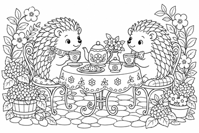 Hedgehogs having tea coloring page