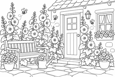 Hollyhocks by the cottage wall coloring page
