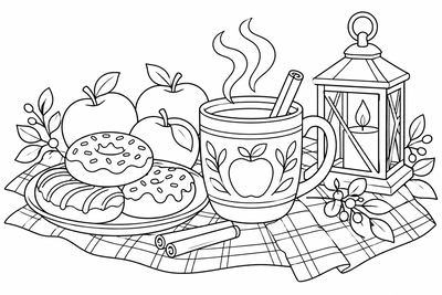 Hot cider and doughnuts coloring page