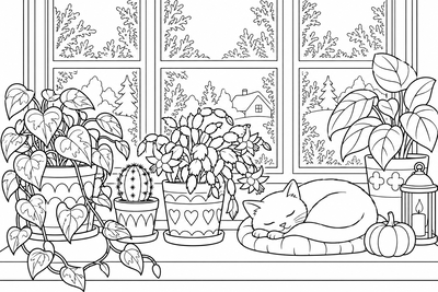 Houseplants on a windowsill coloring page