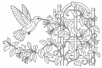 Hummingbird at the honeysuckle coloring page