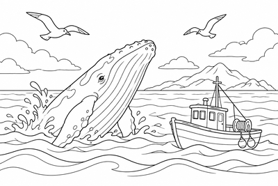 Humpback whale and a little boat coloring page