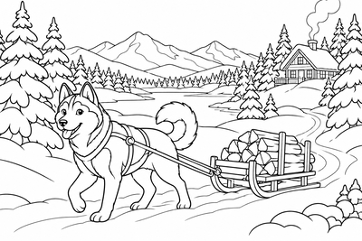 Husky pulling a sled coloring page