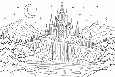 Ice castle on the mountain coloring page