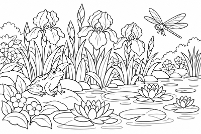 Irises by the pond coloring page