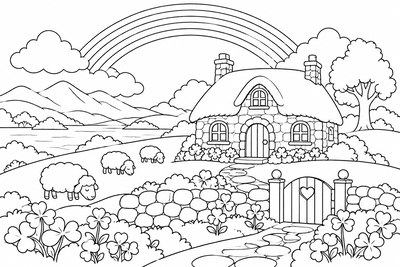 Irish cottage under a rainbow coloring page