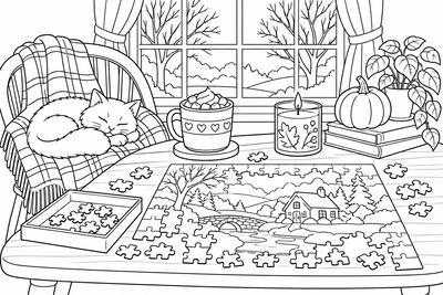 Jigsaw puzzle on a cozy evening coloring page