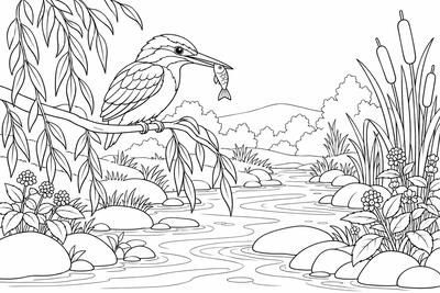 Kingfisher by the stream coloring page