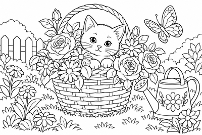 Kitten in a flower basket coloring page