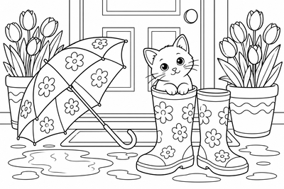 Kitten in rain boots coloring page