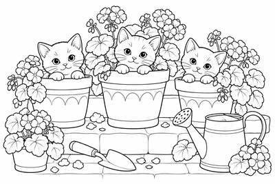 Kittens in flower pots coloring page