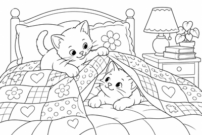 Kittens under a patchwork quilt coloring page