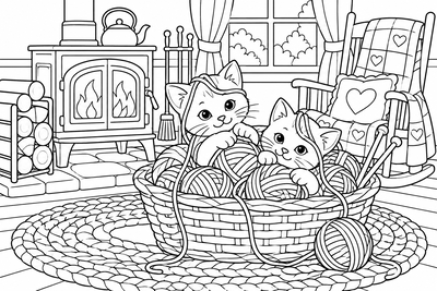 Kittens playing with yarn coloring page