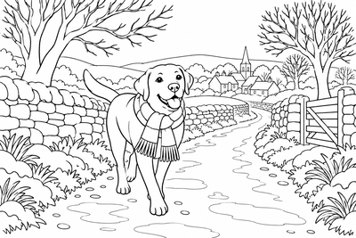 Labrador on a frosty walk coloring page