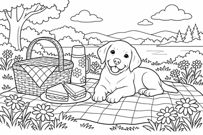 Labrador puppy on a picnic blanket coloring page