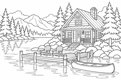 Lakeside cabin with a dock coloring page