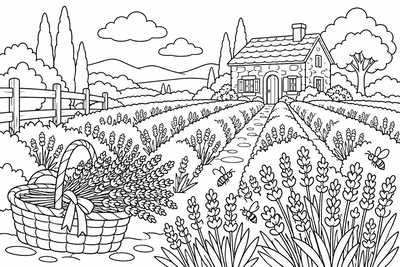 Lavender field with a cottage coloring page