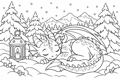 Little dragon asleep in the snow coloring page