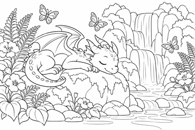 Little dragon by a waterfall coloring page
