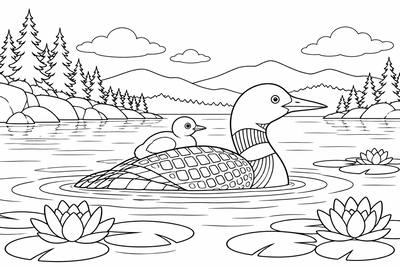 Loon and chick on the lake coloring page