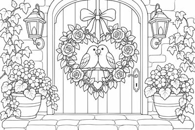 Lovebirds on a heart wreath coloring page
