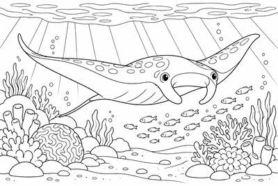 Manta ray over the reef coloring page