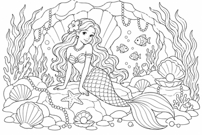 Mermaid in a seashell grotto coloring page