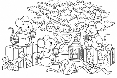 Mice sharing Christmas cocoa coloring page