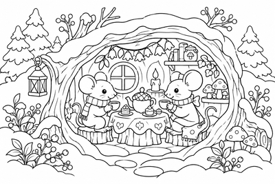 Mice tea in a snowy log coloring page