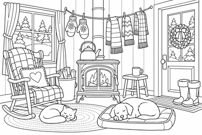 Mittens drying by the stove coloring page