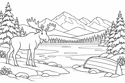 Moose at the frozen lake coloring page