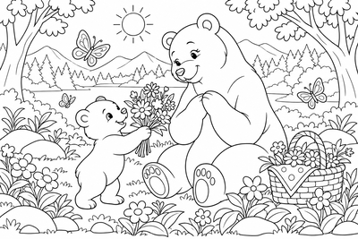 Mother bear and cub with flowers coloring page
