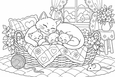 Mother cat and kittens coloring page