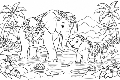 Mother elephant and calf coloring page