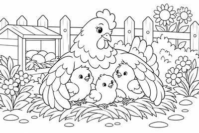Mother hen and chicks coloring page