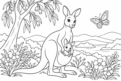 Mother kangaroo and joey coloring page