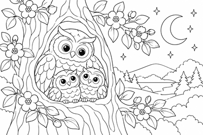 Mother owl and owlets coloring page