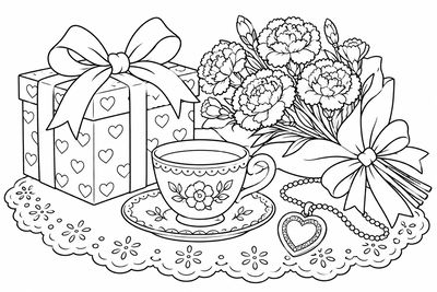 Mother's Day gift and carnations coloring page