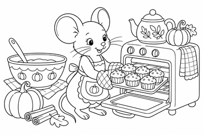 Mouse baking pumpkin muffins coloring page