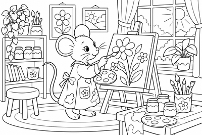 Mouse painting in art class coloring page