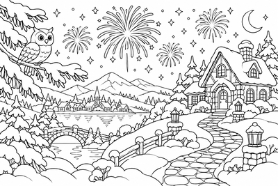 New Year's fireworks over a cottage coloring page